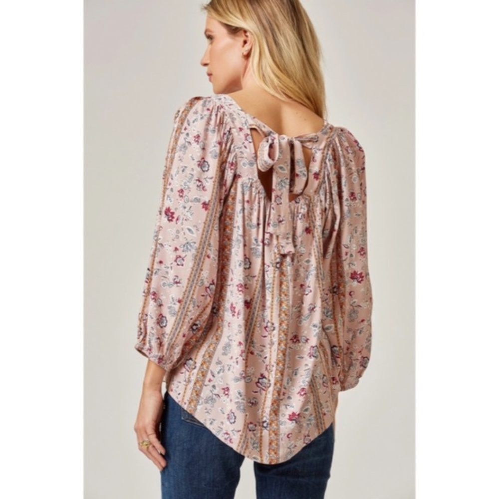 Mauve Bohemian Floral Print Peasant Long Sleeve Tie Back Square Neck Blouse - Picture 6 of 6